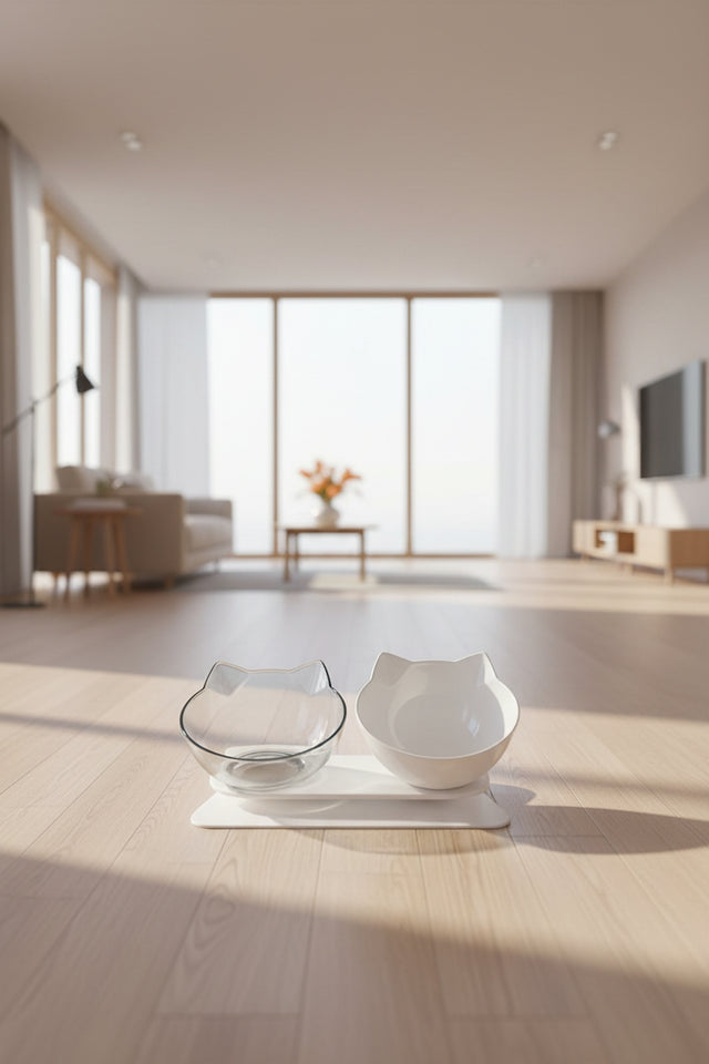 Cat feeding station with elevated angled bowls for food and water