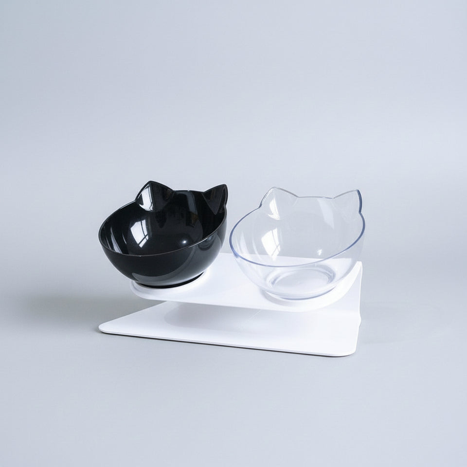 Double bowl cat feeder for serving food and fresh water together