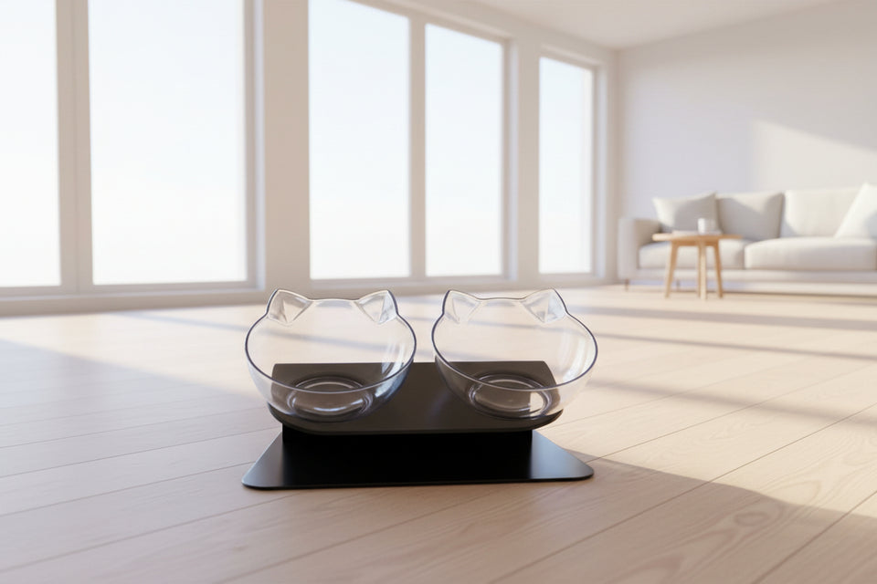 Raised cat food bowl with a 15-degree angled feeding design